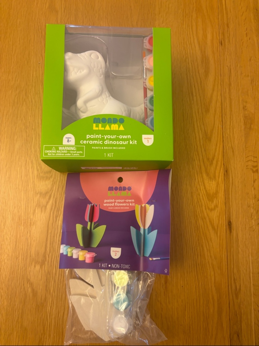 Kids Crafting! Mondo Llama Paint-Your-Own Ceramic Dinosaur Kit and Wooden Tulips